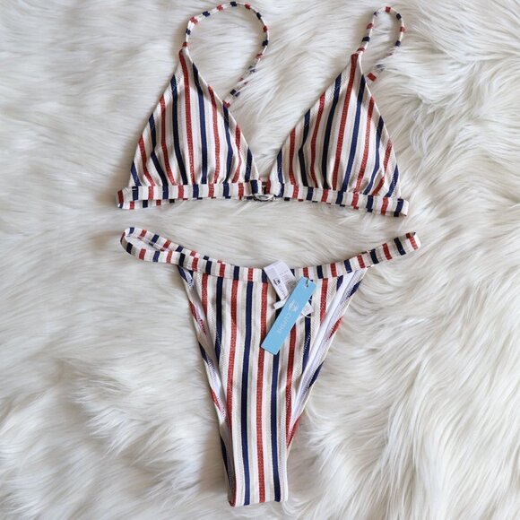 NEW White Red Blue Gold Stripe Print Bikini Swim Set Size XL - Picture 3 of 9